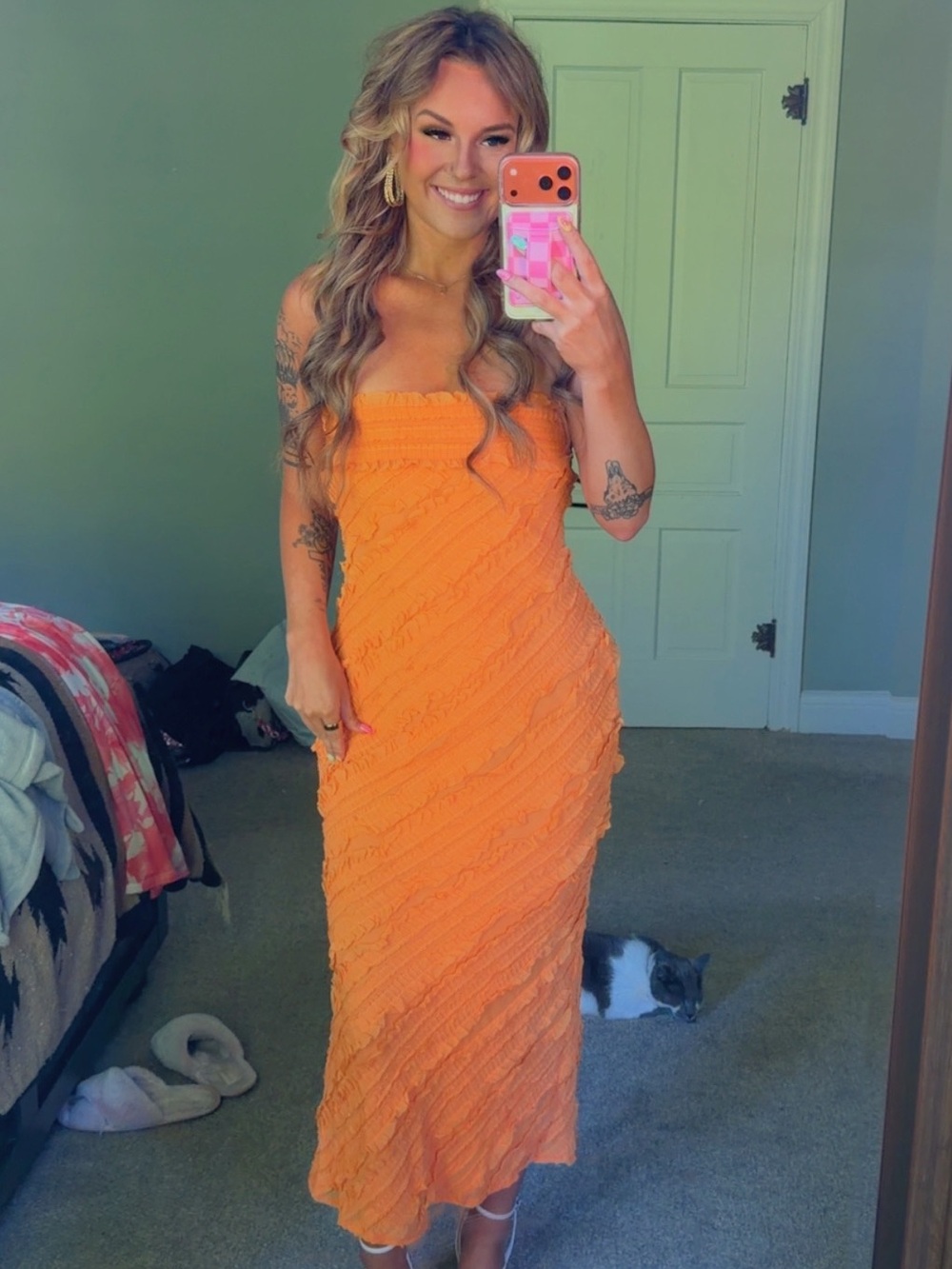 Orange Ruffled Strapless Dress - Picture 6 of 6